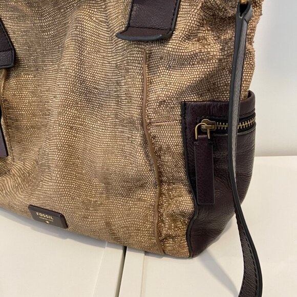 Fossil Brown & Tan leather Crossbody Bag With Zipper Pockets textured leather - Picture 7 of 16